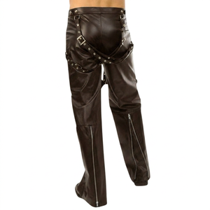 Men's Brown Genuine Leather Pants Eco-Friendly Breathable Polyester Fabric High Waist Zipper Fly Lightweight Casual Style - Product Image 2