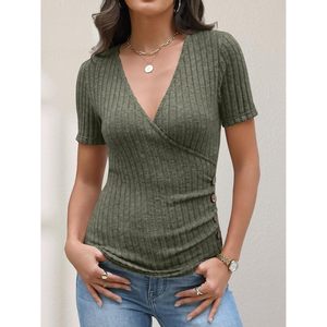 FOXA Suéter informal de punto acanalado con cuello en V y manga corta para mujer, ajuste ceñido, con detalle de botones, para verano - Product Image 2