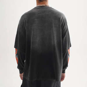 Hot Street Crackle Pattern Print Acid Wash Camiseta de manga larga oscura de gran tamaño para hombre - Product Image 3