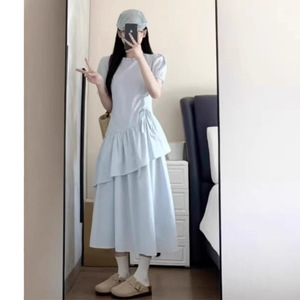 French Style Gentle Short Sleeve Light Blue Dress <b>Elastic</b> Waist Crew Neck Asymmetric Tiered <b>Skirt</b> Solid Color Daily Casual Dress - Product Image 4