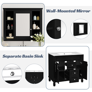 Mueble de Baño con Espejo Negro de 36'', Mueble de Almacenamiento Moderno con Lavabo Individual y 2 Puertas con Cierre Suave - Product Image 6