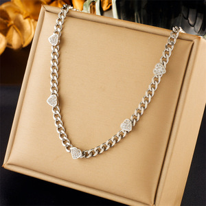 Heart Shaped Diamond Encrusted Chunky Chain Necklace Gold And Silver Unisex Everyday Wear Titanium Steel Metal Necklace - Product Image 2