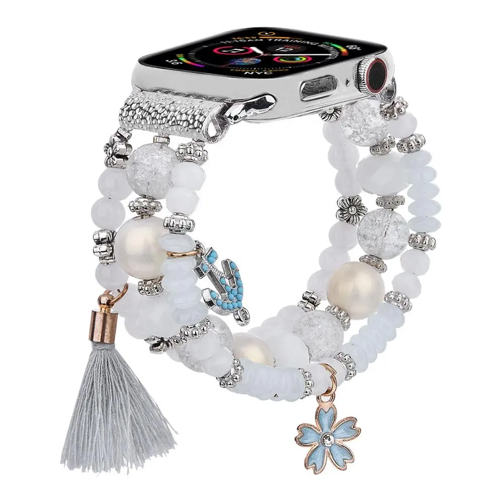 Women Designers Beaded Watch Band for Apple Watch Band Charm Elastic Luxury Pearl Strap for iWatch Series 6 5 4 3 SE 38mm 40mm