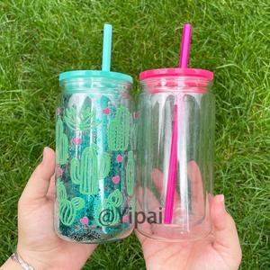 Pre Drilled Hole Glitter Double Wall Snow Globe 16 oz <b>Plastic</b> Beer Can Shaped Acrylic Clear <b>Cup</b> with Lid and Straw - Product Image 3