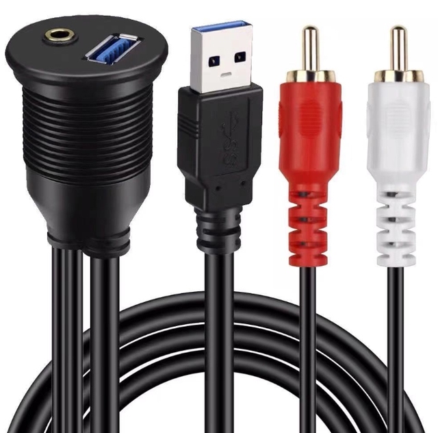 USB 3.0 to 3.5mm Audio Male Cable 3RCA Female Extension Flush Panel Mount Cable for Car Boat Motorcycle