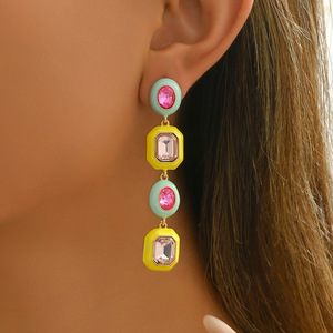 Fashionable Geometric Drop <b>Earrings</b> With Pink And Clear Stones For Party Wear Stainless Steel Ear <b>Posts</b> EH5001 - Product Image 2