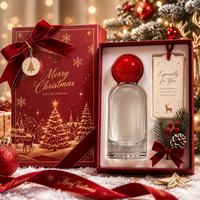 Botol Parfum Natal 50ml Langsung dari Pabrik, Tutup Bola Merah, Botol Silinder Kaca Bening, Dapat Diisi Ulang, Gaya Ornamen, Meriah