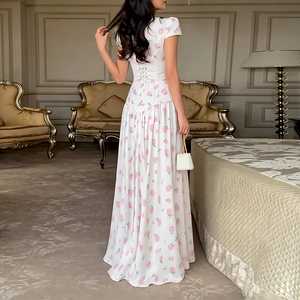 Abito lungo elegante da donna con stampa, maniche corte e laccetti in vita, modello a trapezio, perfetto per appuntamenti e viaggi - Nuovo arrivo 2026 - MOQ 1 - Product Image 4