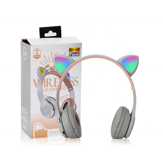 P47M Kids Wireless Foldable Cute Cat Headphone Sports Gaming Headset With Mic LED Lights