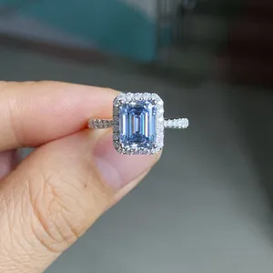 HQ GEMS 3 Carat Baguette Cut 18K White Gold Vivied Blue MoissaniteWomen Engagement Diamond Ring