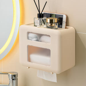 Soporte de papel higiénico montado en la pared sin necesidad de taladro, estante de almacenamiento de doble capa, caja de pañuelos rectangular para baño, color blanco, duradero - Product Image 4