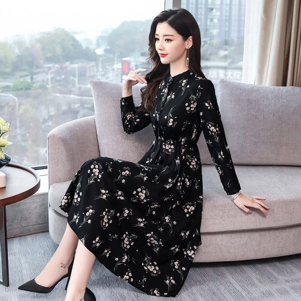 New Design Women's Spring and Autumn Dress Korean Long Sleeve Medium Length  Skirt Floral Chiffon Dress| Alibaba.com