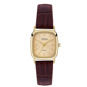 Reloj de Cuarzo con Esfera Cuadrada con Brillo Color Champán, Tono Dorado y Correa de Cuero Negra - Product Image 2