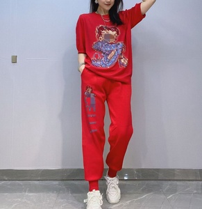 Bling Bling kim cương Ngắn Tay Áo t Áo sơ mi và quần dài thiết lập thời trang hai mảnh thiết kế Phụ nữ phù hợp với oc1014 - Product Image 3