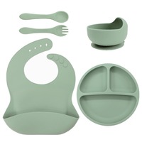 Ensemble d'alimentation pour bébé et enfant de 5 pièces, personnalisable en gros, sans BPA, bol à ventouse en silicone, assiette, bavoir, fourchette et cuillère en silicone