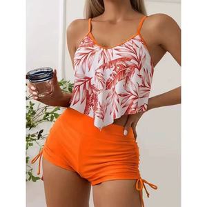 Trajes de Baño Europeos y Americanos con Estampado Multicolor, Corsé con Diseño de Hoja de Loto Grande, Pantalones de Cintura Plana con Cordón Ajustable, Bikini - Product Image 5