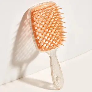 2024 New Arrival Wholesale Cheap Gold Sequins Hollow Detangling Hair Brush Salon Wet Vented Hair Brush