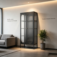 Vitrine haute à double arche en verre cannelé, armoire verticale en métal noir pour trophées et dossiers, idéale pour la réception de bureau