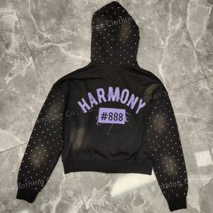 Sudadera con capucha y cremallera de algodón 100% de 500 g/m² de alta calidad, con lavado ácido, efecto vintage, desgastada, con pedrería y efecto descolorido por el sol. - Product Image 4