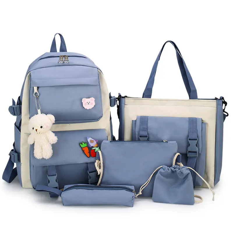 New canvas large capacity 5 piece set book school bag backpack cheap school backpacks for university girl