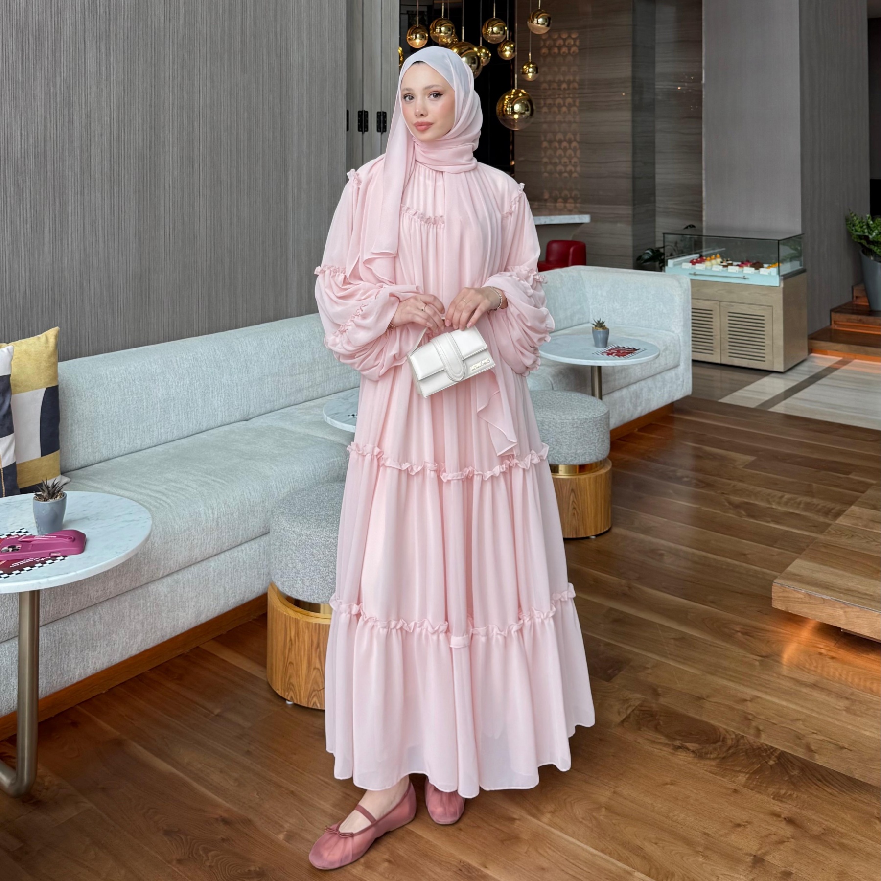 knee length dresses for ladies IVORY WHITE 3 LAYERED ABAYA main image 0
