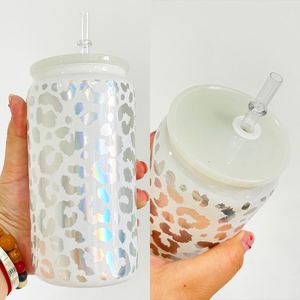 Vaso de Vidrio de 16 oz con Diseño de Leopardo Holográfico y Logotipo Personalizado, Envoltura de Vinilo, con Tapas de Plástico - Product Image 4