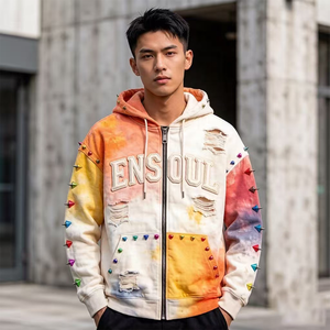 Sweat à capuche personnalisé avec fermeture éclair, effet vieilli, tie-dye, patch brodé 3D, rivets, 100% coton, molleton bouclette lourd, anti-boulochage, <span class=keywords><strong>streetwear</strong></span> - Product Image 3
