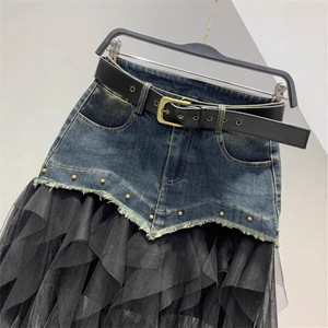 2026 New Fashionable Mesh Splicing Nail Bead Cowboy <b>Long</b> <b>Skirt</b> Versatile and Slimming A-line Half Body <b>Skirt</b> - Product Image 5