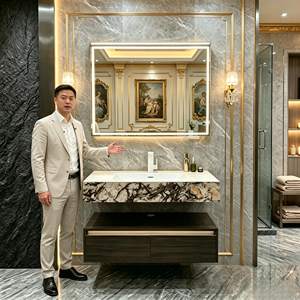 Mobile <span class=keywords><strong>Bagno</strong></span> Sospeso di Lusso Minimalista Scandinavo Scanalato con Piano in Marmo e <span class=keywords><strong>Lavabo</strong></span> a Vaso Bianco Integrato - Product Image 1