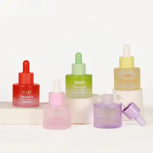 Botella de vidrio esmerilado para cosméticos, botella con cuentagotas de vidrio esmerilado de hombro plano, multicolor, personalizada, cilíndrica, gran oferta
