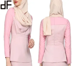เสื้อผ้าอิสลามออกแบบได้ตามต้องการมาเลเซียล่าสุด sgurt สำหรับผู้หญิงออฟฟิศเสื้อมุสลิมเสื้อเชิ้ตผู้หญิงสีชมพูฝุ่นผ้าโปร่งบาง