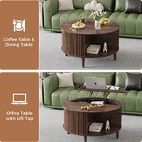 Table basse ronde moderne en noyer foncé, réglable en hauteur, convertible, avec plateau relevable et étagère de rangement coulissante, meuble de salon mobile