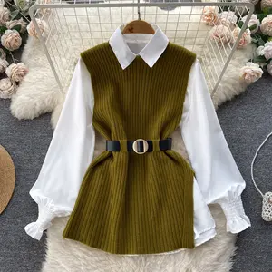  Longue lanterne manches chemise femmes tricoté gilet 2 deux pièces ensemble 2021 printemps automne femmes chemises ensembles sans manches pull hauts