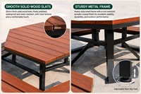 Table de pique-nique hexagonale d'extérieur avec bancs intégrés, structure métallique résistante aux intempéries, bois massif, mobilier de jardin moderne pour patio extérieur