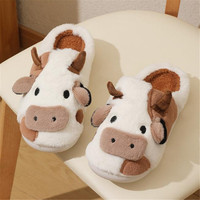 Mignonne vache pelucheuse pantoufles imprimé animal mignon cochon requin vache fourrure diapositives chaudes pantoufles vache visage coeur en peluche pantoufles