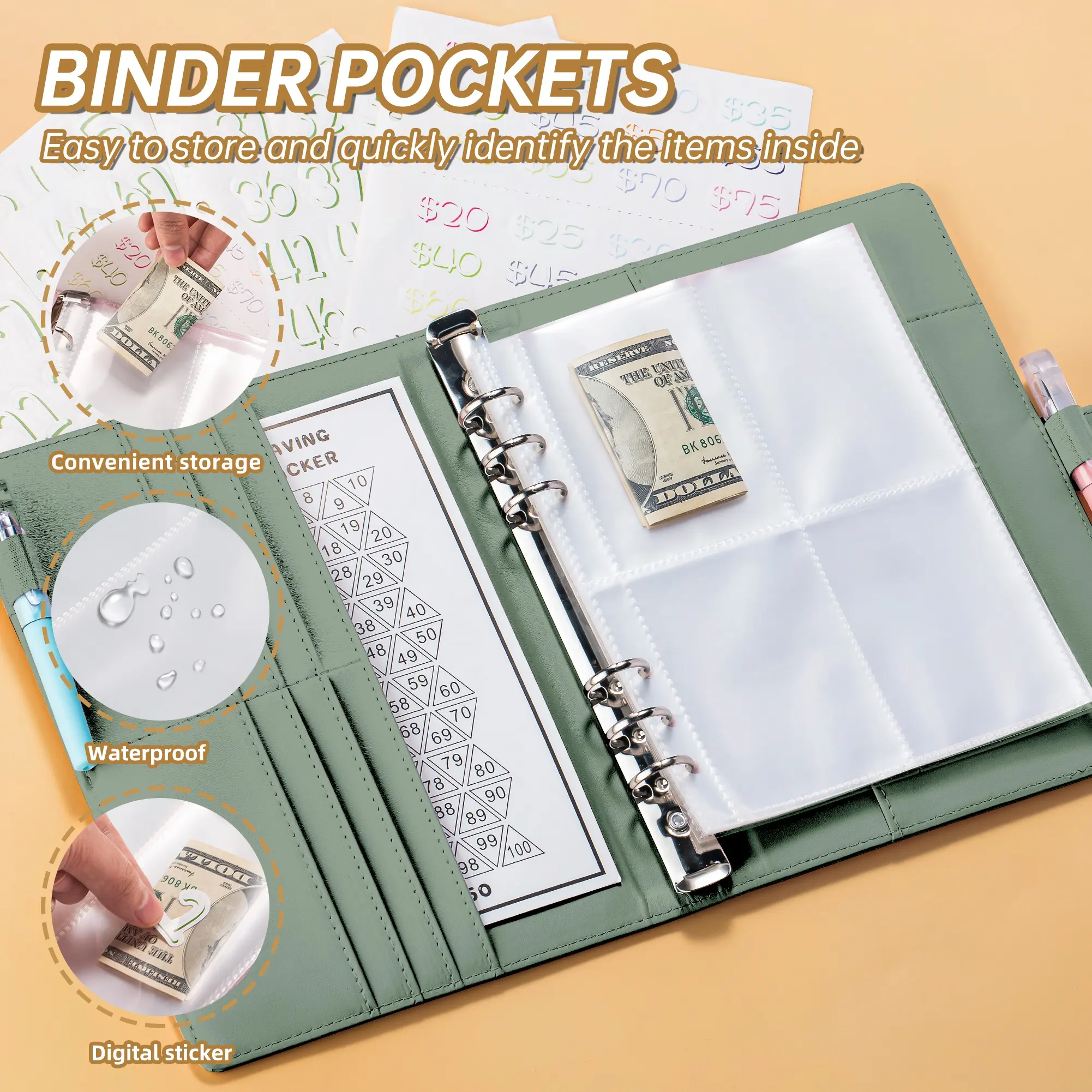 Replacement 1-100 Money Pouches Cash Stuffing Clear 25 Sheets 100 Envelopes Money Saving Challenge A5 Ring Binder Inserts