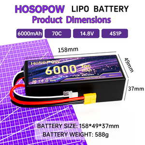 호소포우 6000mAh FPV 배터리 인기 판매 4S1P 리포 배터리 팩 14.8V 6Ah FPV 드론 70C 리튬 배터리 팩 (<span class=keywords><strong>7</strong></span>인치 10인치 UAV용) - Product Image 1