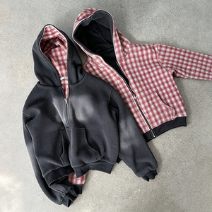Custom Plaid Design <strong>Zip</strong> up Jackets Double Layers Waffle Hoodies for Men 100% Cotton High Quality <strong>Reversible</strong> Waffle Knit Hoodie - Product Image 1