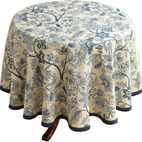 Nappe carrée en coton imprimé floral bleu, style classique moderne, lavable, tissée, infroissable, pour la décoration intérieure avec bordure à pompons
