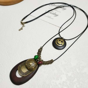Estilo Étnico Vintage, Cuerda de Cera Negra Trenzada Hecha a Mano, Doble Capa, Cara Sonriente, Hueco, Patrón de Flores, Árbol DE LA Vida, Hoja, Collar de Madera - Product Image 2