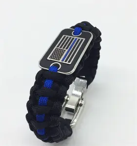 Gelang Paracord Bertahan Hidup Garis Biru Tipis dengan Bendera Amerika Tanda Anjing Gelang Paracord Logo Khusus