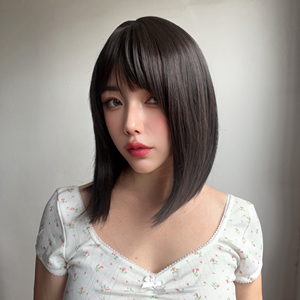 2025 mới thời trang tóc giả nữ Qi liu hai tóc thẳng màu đen nhiệt độ cao lụa Mũ sm7608 - Product Image 1