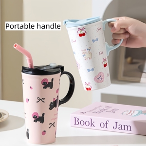 Mug Keramik Berkualitas Tinggi, Promo Panas! Cangkir Kopi dengan Sedotan dan Tutup, Cangkir Air Lucu dengan Pegangan - Product Image 4