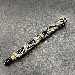 Jinhao Black Snake Fountain Pen Medium Nib Retro Style With Skull Head Solid Metal Design Calligraphy Pen