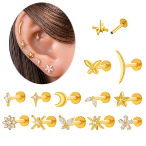 Pendientes de cartílago Maina ASTM F136 de grado implante, joyería de titanio G23 para <span class=keywords><strong>piercing</strong></span> labret, con circonita cúbica de flor y luna para tragus, hélix y lóbulo de la oreja. - Product Image 1