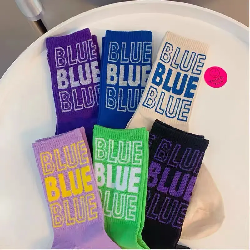 Letter BLUE Fashion Trend Sport Socks Hip Hop Colorful Crew Cotton Ladies Socks Street Young Men Women Skateboarding Wear