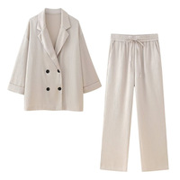Ensemble 2 Pièces Décontracté Femme : Veste Longue à Manches Froncées et Pantalon Large Fluide Pour l'Été