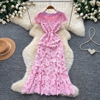 Robe longue décontractée rose élégante en dentelle pour femme, coupe trapèze, col Peter Pan, manches courtes, ajourée, motif floral, pour les fêtes et le quotidien