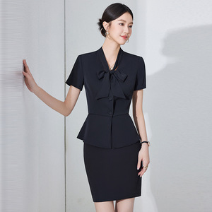 Women's Navy Blue Hotel Uniform Short Sleeve Blouse With Bow Tie And Matching Pants For Receptionists Summer 2025 - Product Image 4