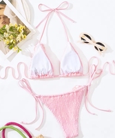 Moda 3D flor Rosa Color cadena chica joven fruncido Bikini Sexy traje de baño diseño 2024